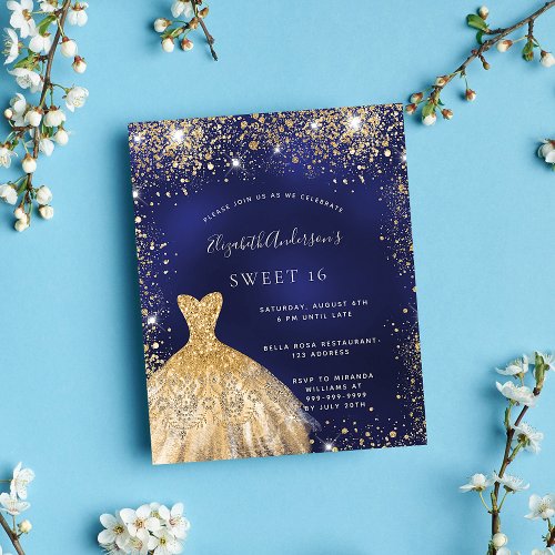 Budget Sweet 16 navy blue gold dress invitation