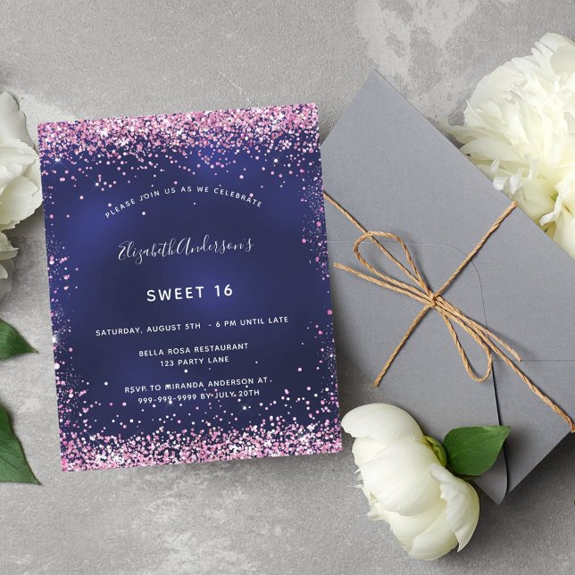 Budget Sweet 16 navy blue pink glitter invitation (Creator Uploaded)