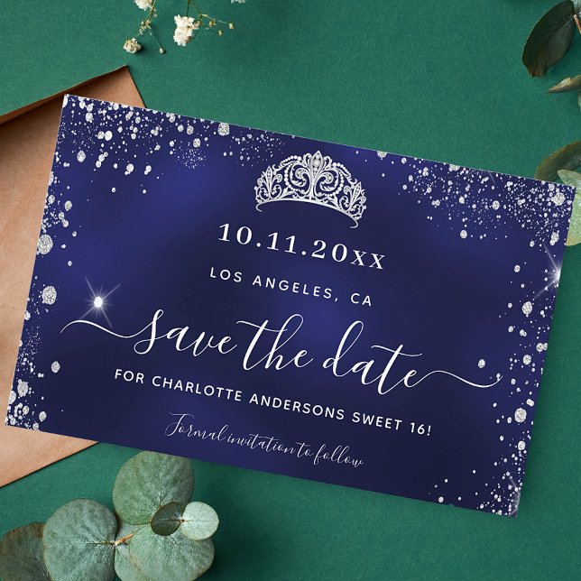 Budget Sweet 16 navy blue silver glitter save date (Creator Uploaded)