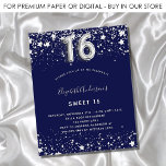 Budget Sweet 16 navy blue silver invitation<br><div class="desc">A modern,  stylish and glamorous invitation for a Sweet 16,  16th birthday party.  A navy blue background,  decorated with faux silver stars. Personalize and add your name and party details.  Number 16 is written with a balloon style font.</div>