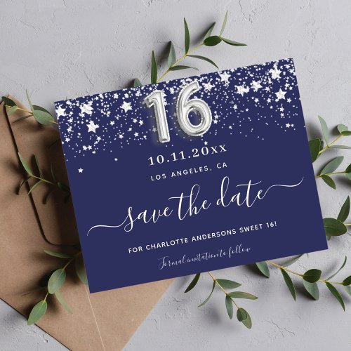 Budget Sweet 16 navy blue silver stars save date
