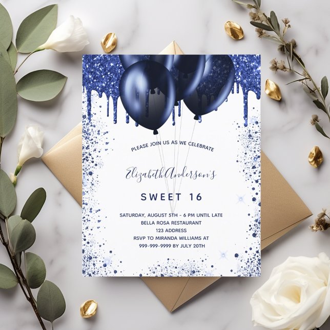 Budget Sweet 16 navy blue white invitation (Creator Uploaded)