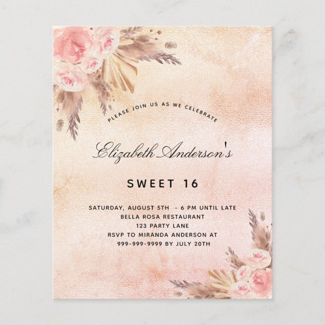 Budget Sweet 16 pampas grass blush invitation (Front)