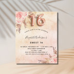 Budget Sweet 16 pampas grass rose gold invitation<br><div class="desc">A rose gold,  blush pink rustic faux metallic looking background. Decorated with rose gold and pink florals,  roses,  pampas grass.  Personalize and add a name and party details. Number 16 is written with a balloon style font.</div>