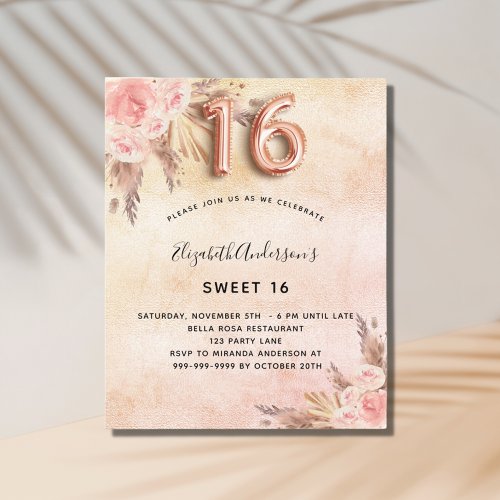 Budget Sweet 16 pampas grass rose gold invitation