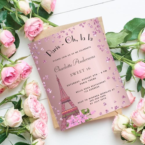 Budget Sweet 16 Paris blush pink Eiffel invitation