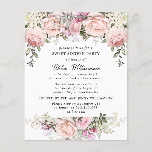 Budget Sweet 16 Party Blush Pink Floral Invitation | Zazzle