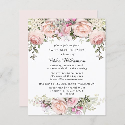 Budget Sweet 16 Party Blush Pink Floral Invitation