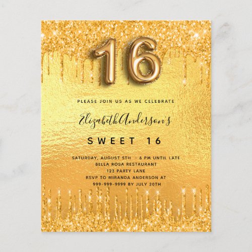 Budget Sweet 16 party gold glitter drip invitation