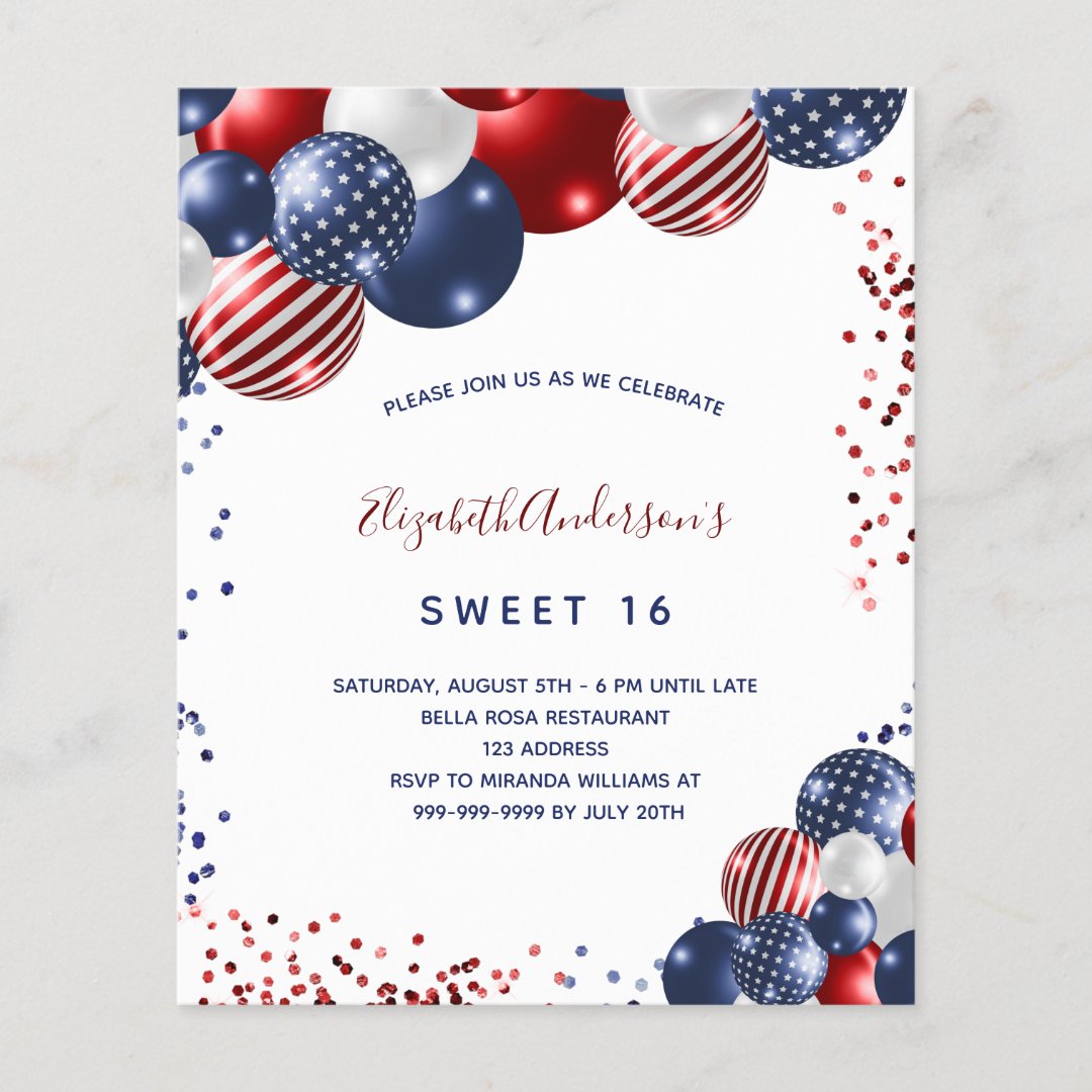 Budget Sweet 16 patriotic party invitation | Zazzle