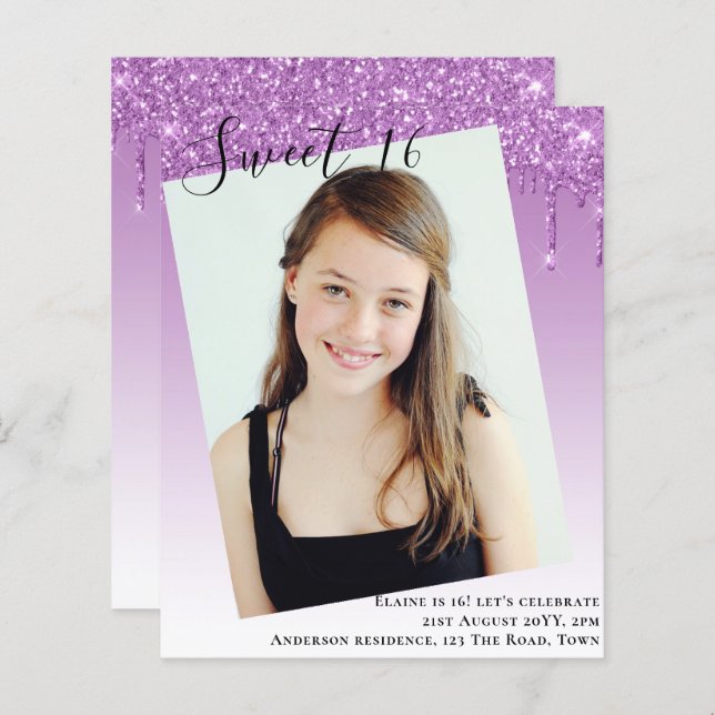 BUDGET Sweet 16 PHOTO Dripping Glitter Invite (Front/Back)