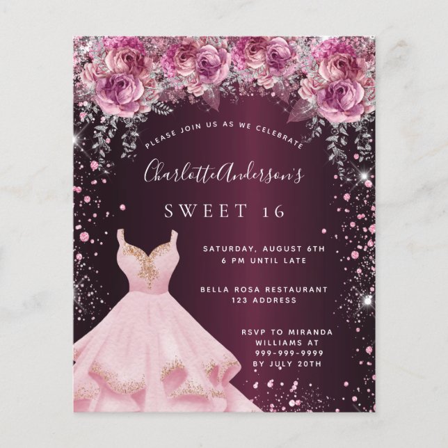 Budget Sweet 16 pink burgundy glitter dress floral (Front)