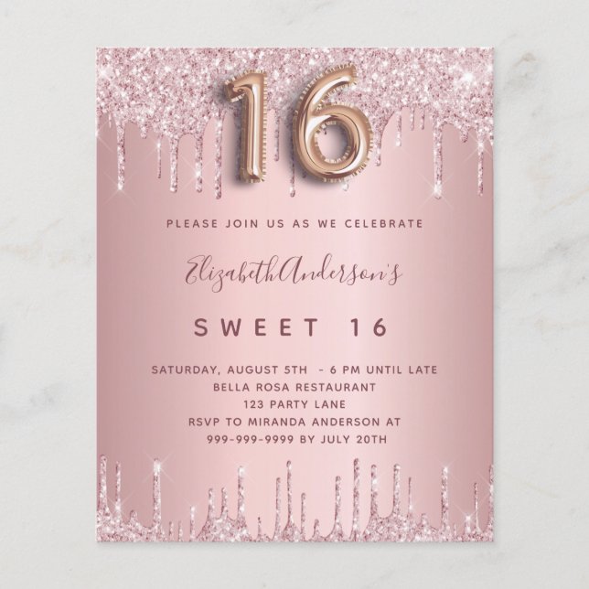 BUDGET Sweet 16 pink dusty rose glitter birthday (Front)