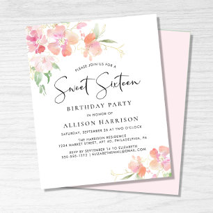 Budget Sweet 16 Pink Floral Birthday Party Invite
