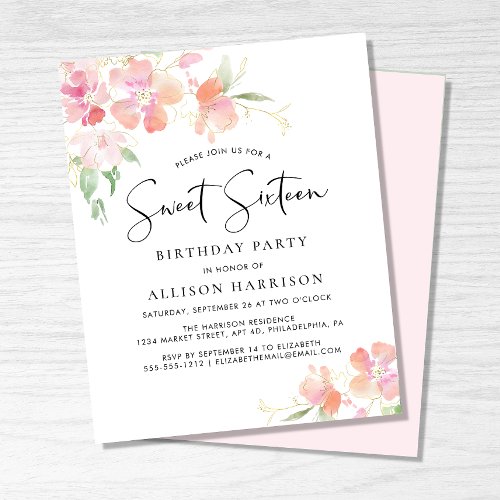 Budget Sweet 16 Pink Floral Birthday Party Invite