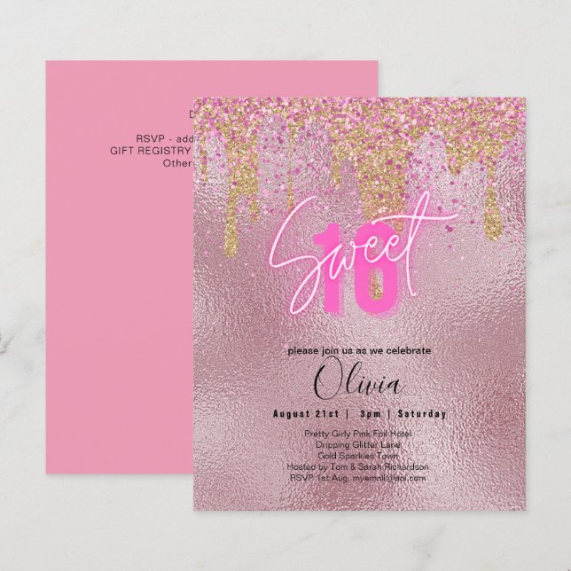 Budget Sweet 16 Pink Glitter Foil Girly Modern  Fl (Front/Back)