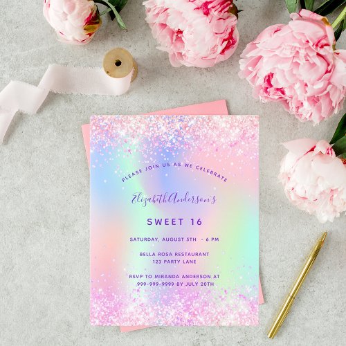 Budget Sweet 16 pink purple glitter invitation