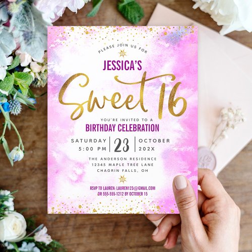 Budget Sweet 16 Pink Watercolor Gold Script Invite
