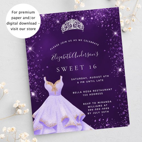 Budget Sweet 16 purple glitter dress invitation
