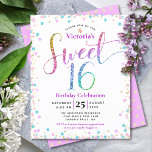 Budget Sweet 16 Rainbow Glitter Confetti Invite<br><div class="desc">“Happy Sweet 16”. Send out this stunning, sparkly, girly, festive, modern, personalized, custom budget party invitation for an event to remember. Rainbow glitter script typography, along with festive turquoise, purple pink and gold confetti, overlays a white background. A gold glitter dot pattern is over lavender purple on the back. Personalize...</div>