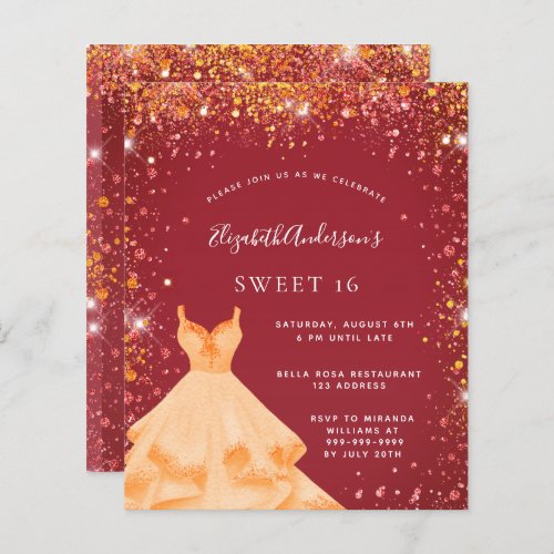 Budget Sweet 16 red gold glitter dress invitation