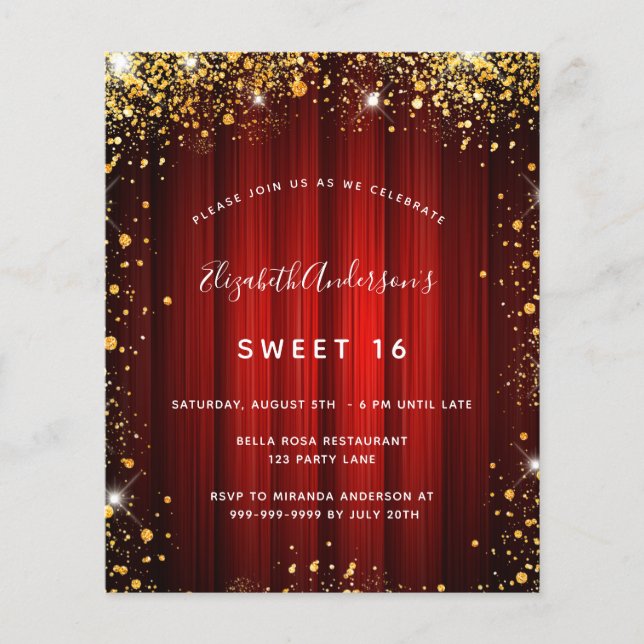 Budget Sweet 16 red gold movie theater invitation (Front)