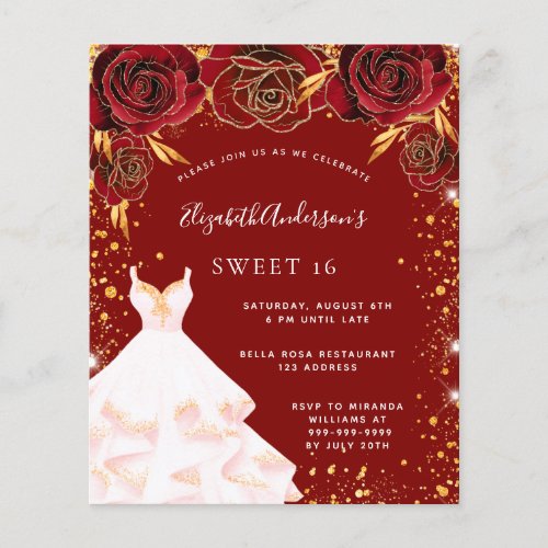 Budget Sweet 16 red gold white dress invitation