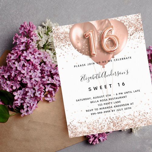 Budget Sweet 16 rose gold balloons invitation