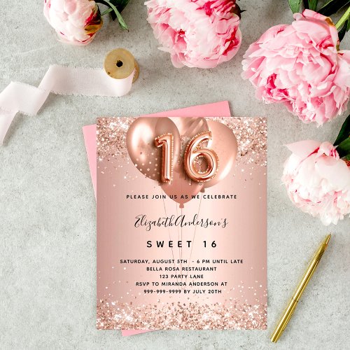 Budget Sweet 16 rose gold balloons invitation
