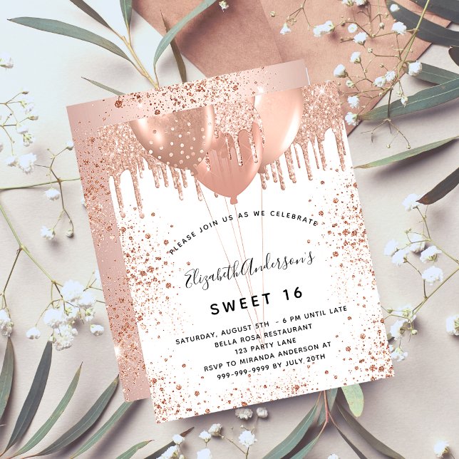 Budget Sweet 16 rose gold blush glitter invitation