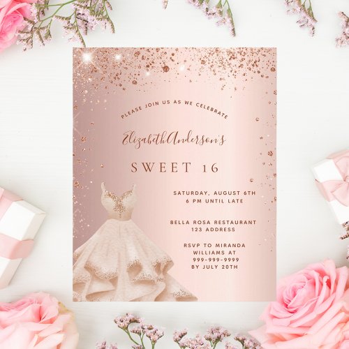Budget Sweet 16 rose gold dress invitation