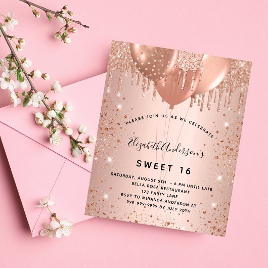Budget Sweet 16 rose gold glitter invitation