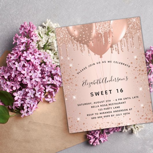 Budget Sweet 16 rose gold glitter invitation