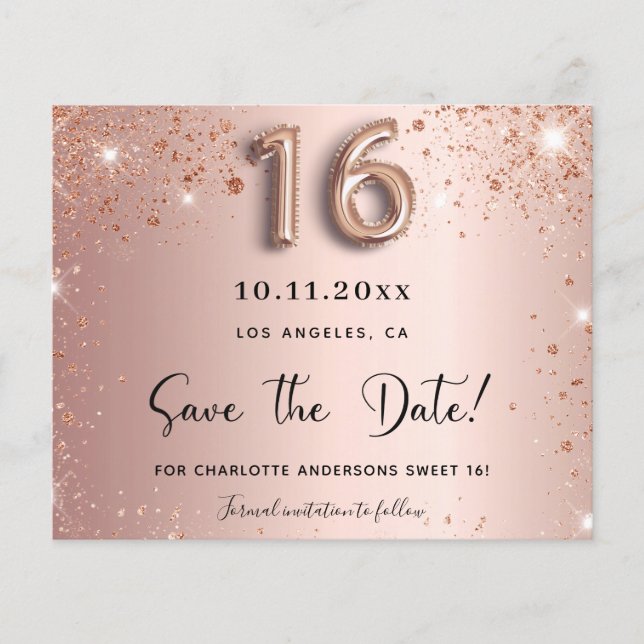 Budget sweet 16 rose gold glitter save the date (Front)