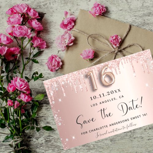 Budget Sweet 16 rose gold glitter save the date