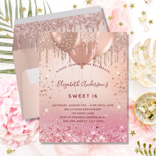 Budget Sweet 16 rose gold pink glitter balloons