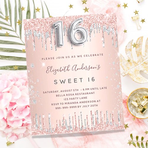 Budget Sweet 16 rose gold silver invitation