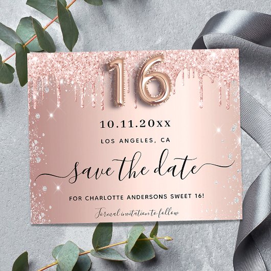 Budget Sweet 16 rose gold silver save the date