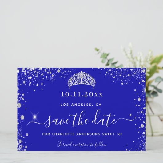 Budget Sweet 16 roya blue silver glitter save date (Standing Front)