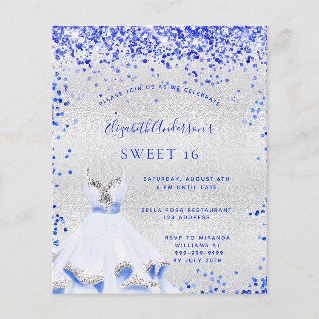 Budget Sweet 16 royal blue silver invitation (Front)