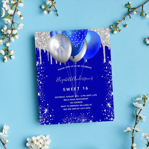 Budget Sweet 16 royal blue silver invitation