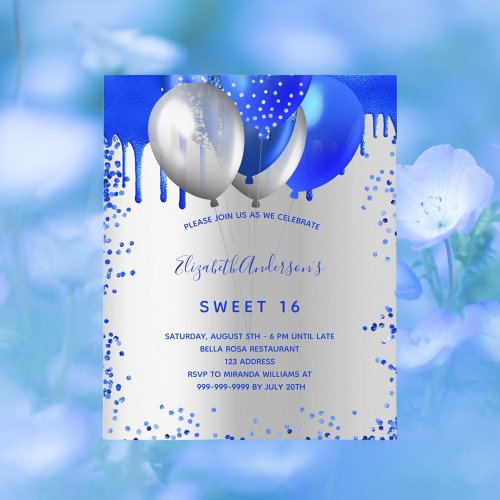 Budget Sweet 16 royal blue silver invitation