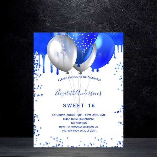 Budget Sweet 16 royal blue white invitation