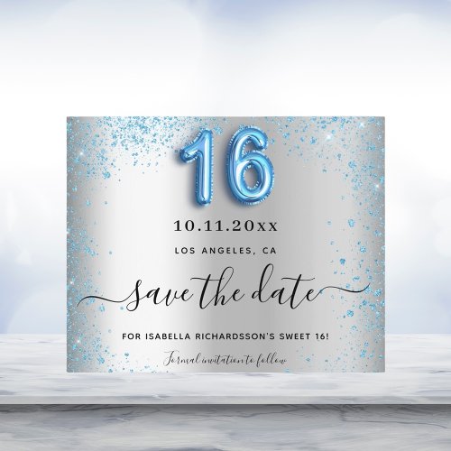 Budget Sweet 16 silver blue glitter save the date