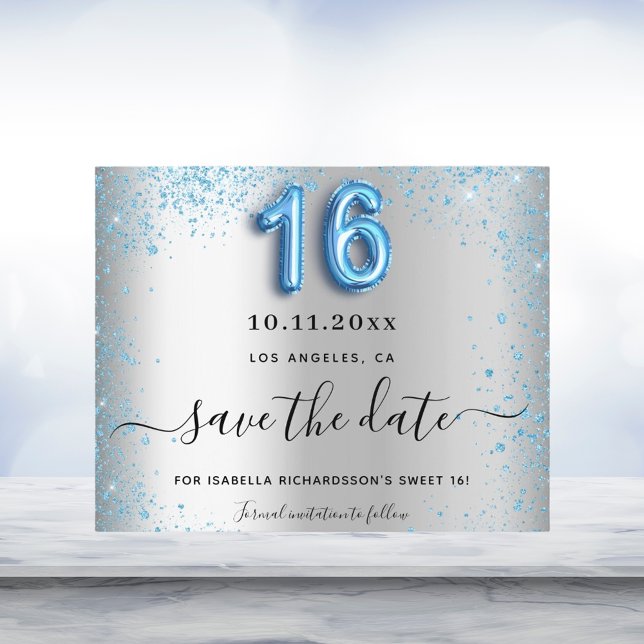 Budget Sweet 16 silver blue glitter save the date (Creator Uploaded)