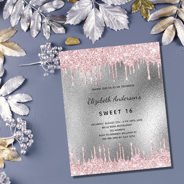 Budget Sweet 16 silver glitter pink invitation