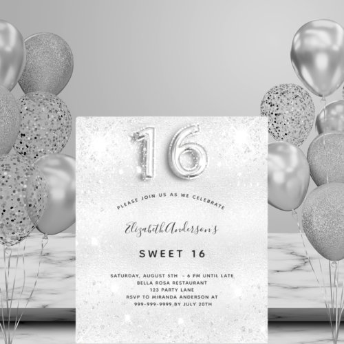 Budget Sweet 16 silver metal glitter invitation