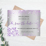 Budget sweet 16 silver purple dress save the date<br><div class="desc">A girly and trendy Save the Date card for a Sweet 16, 16th birthday party. A modern faux silver looking background decorated with purple faux glitter dust and a dress. Personalize and add a date and name/age. Black and purple colored letters. The text: Save the Date is written with a...</div>