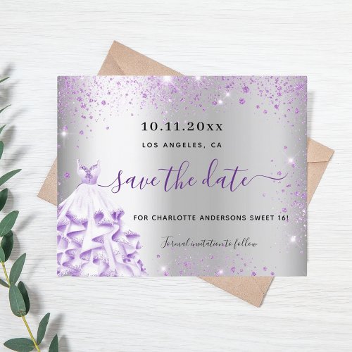 Budget sweet 16 silver purple dress save the date