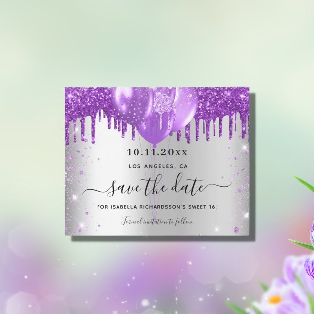 Budget Sweet 16 silver purple save the date (Creator Uploaded)